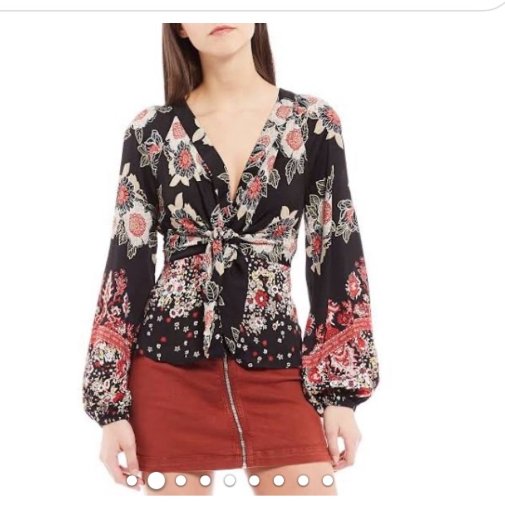 Free People Black Floral Tie-Front Blouse with Red Accents